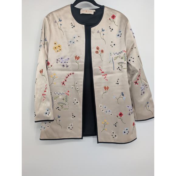 NWD Tory Burch Embroidery Quilted Open Front Satin jacket Sz 6 Pale Stone 1G474 - Picture 3 of 14